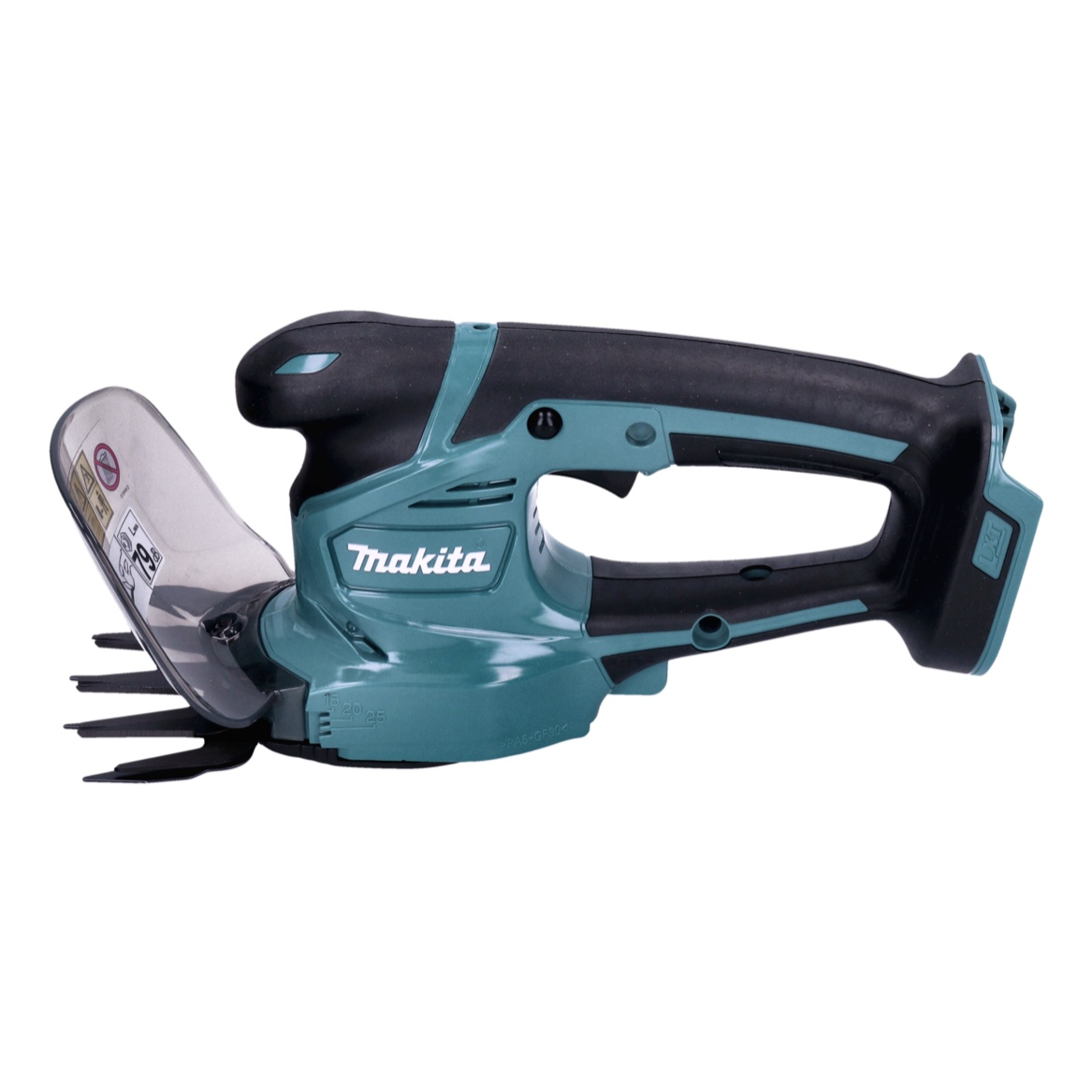 Eine Makita Akku-Heckenschere, türkis und schwarz, auf weißem Hintergrund. Die Heckenschere hat Klingen und eine Schutzhülle.