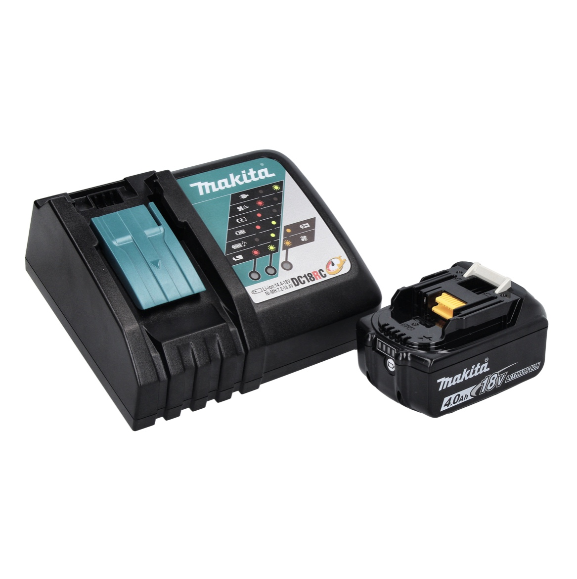 Ein schwarzes Makita-Batterieladegerät und ein schwarzer Akku auf weißem Hintergrund. Das Ladegerät hat ein Anzeigefeld.