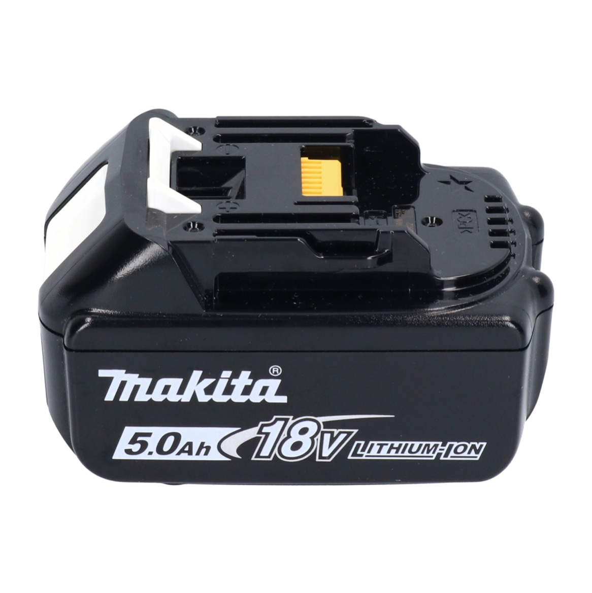 Schwarzer Makita 18V Lithium-Ionen 5.0Ah Akku. Merkmale: weiße Akzente und gelber Stecker. Makita-Logo sichtbar.