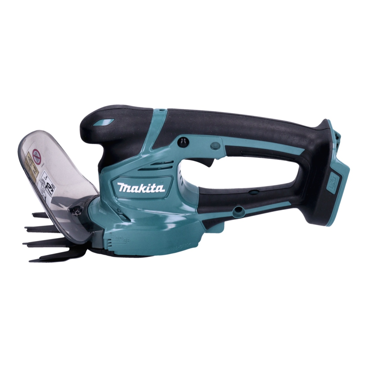 Eine teal- und schwarze Makita-Heckenschere. Sie hat einen Schutzschild und Klingen. Der Griff und der Akku sind schwarz.