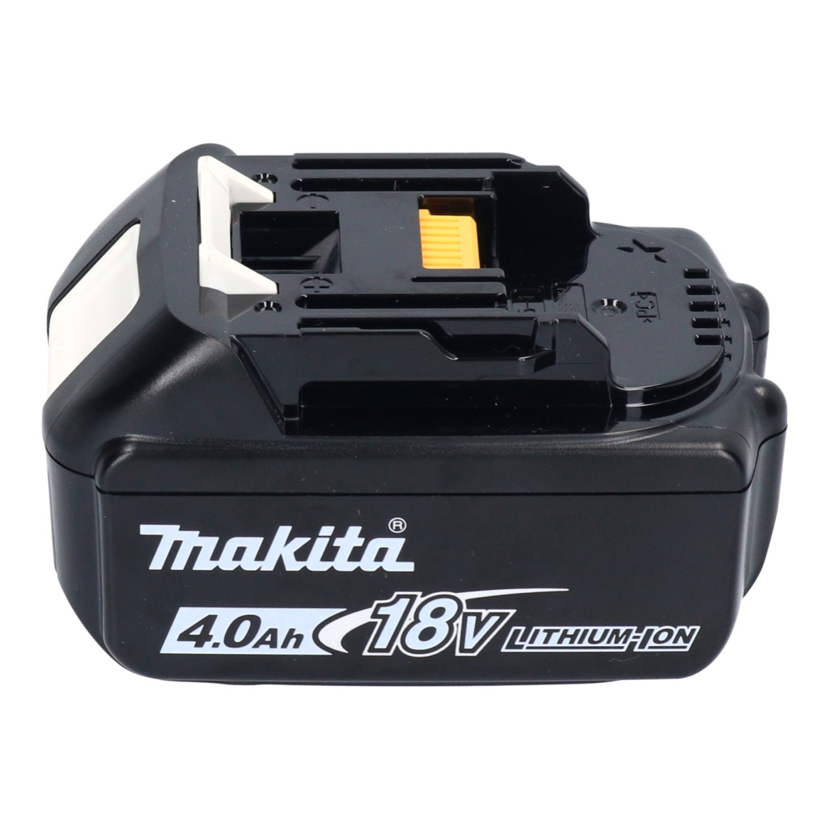 Schwarzer Makita 18V Lithium-Ionen-Akku. Weißes Logo und Text auf der Vorderseite. Gelbe und weiße Akzente oben.