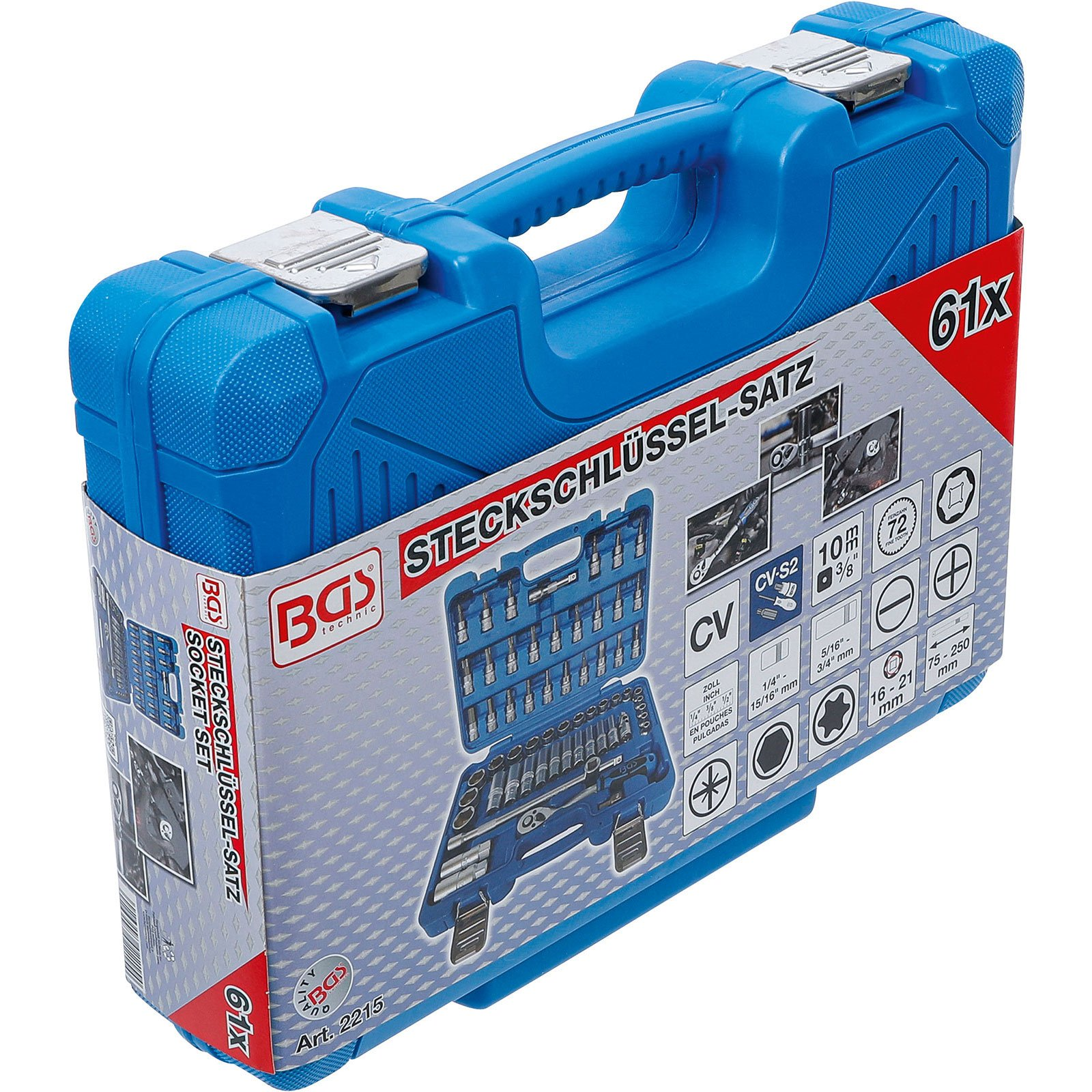 Blauer Steckschlüsselsatz-Koffer mit Griff und 61x-Etikett. Der Koffer ist mit 'Steckschlüssel-Satz' und 'BGS technic' beschriftet.