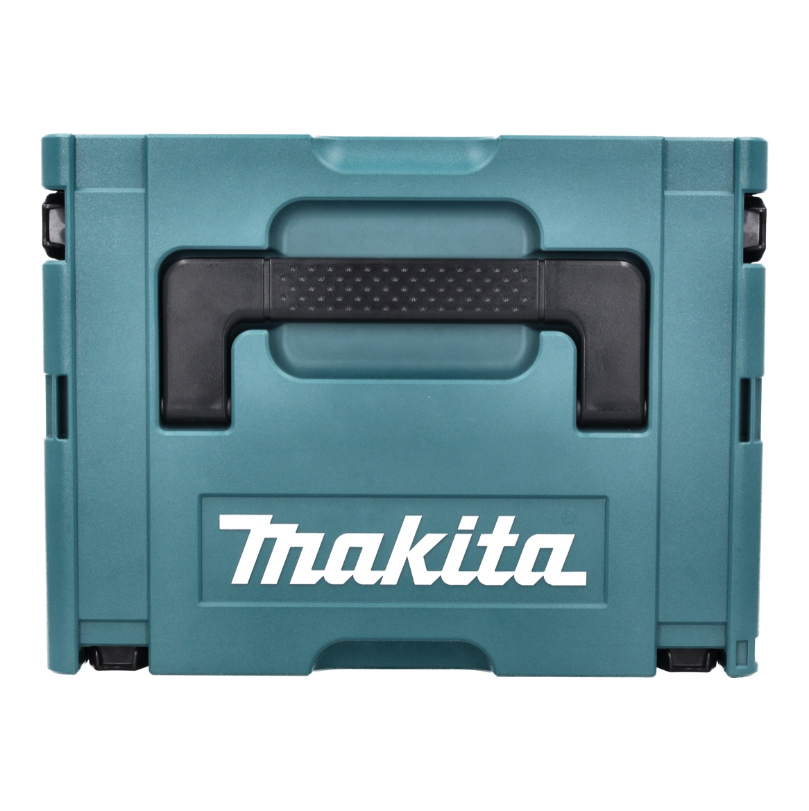 Eine tealfarbene Makita-Werkzeugkiste mit schwarzem Griff und Makita-Logo. Es ist ein rechteckiger Behälter mit Falt-Design.