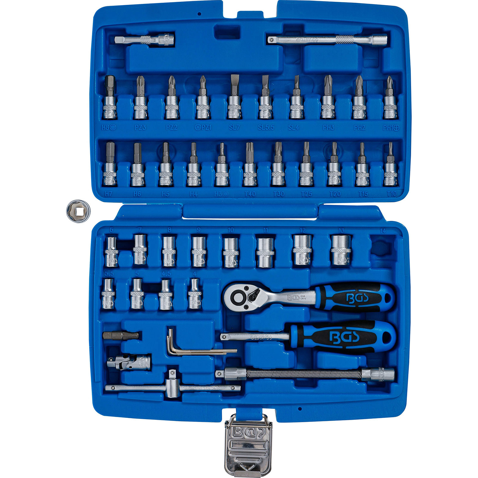 Un kit di attrezzi blu con varie punte e chiavi. Il kit è aperto, mostrando gli attrezzi in scomparti organizzati.