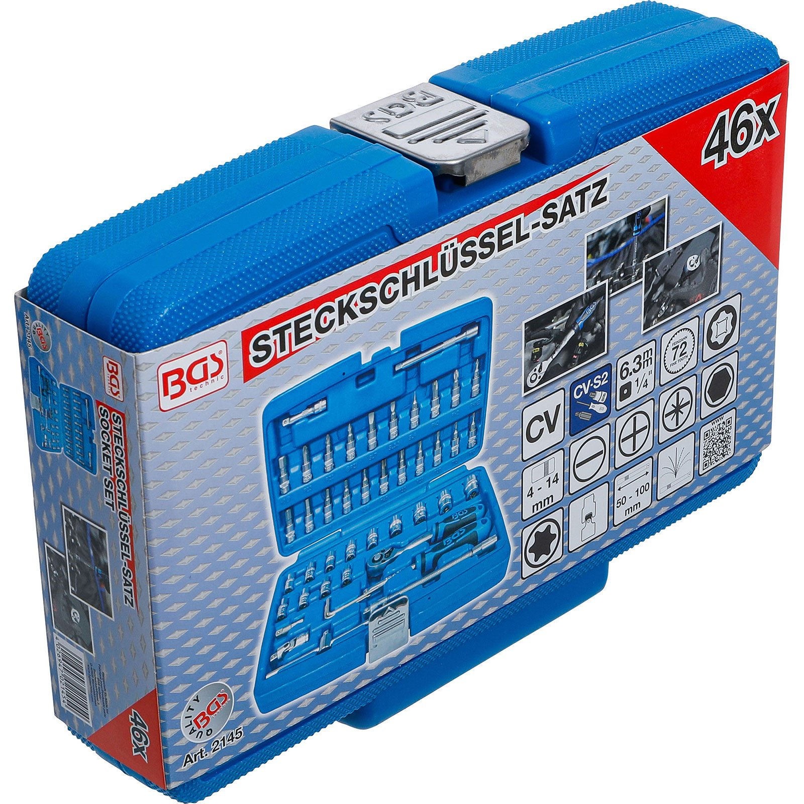Una scatola blu di set di chiavi a bussola BGS, aperta per rivelare gli utensili. Il testo sulla scatola dice 'STECKSCHLÜSSEL-SATZ' e '46x'.