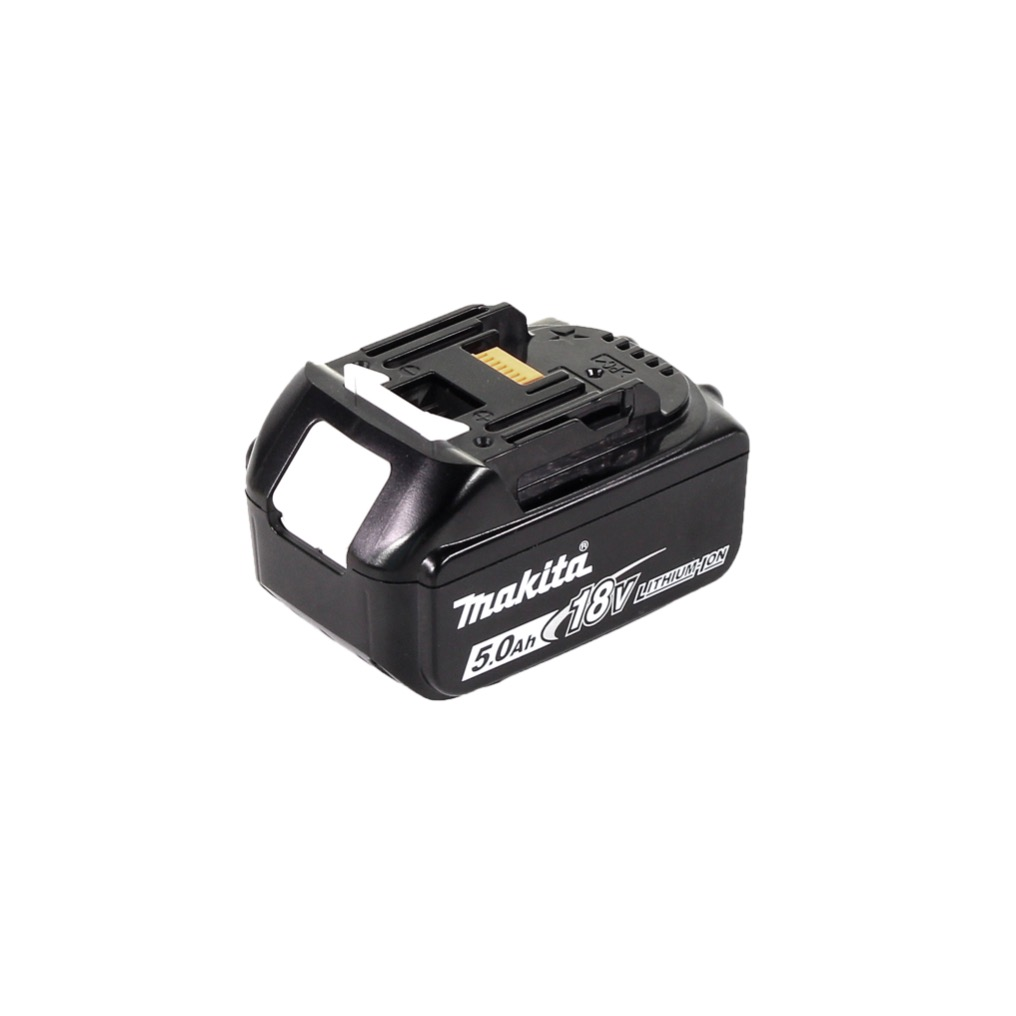 Ein schwarzer Makita 18V Lithium-Ionen-Akku. Es hat ein weißes Etikett, und das Makita-Logo ist sichtbar. Der Hintergrund ist weiß.