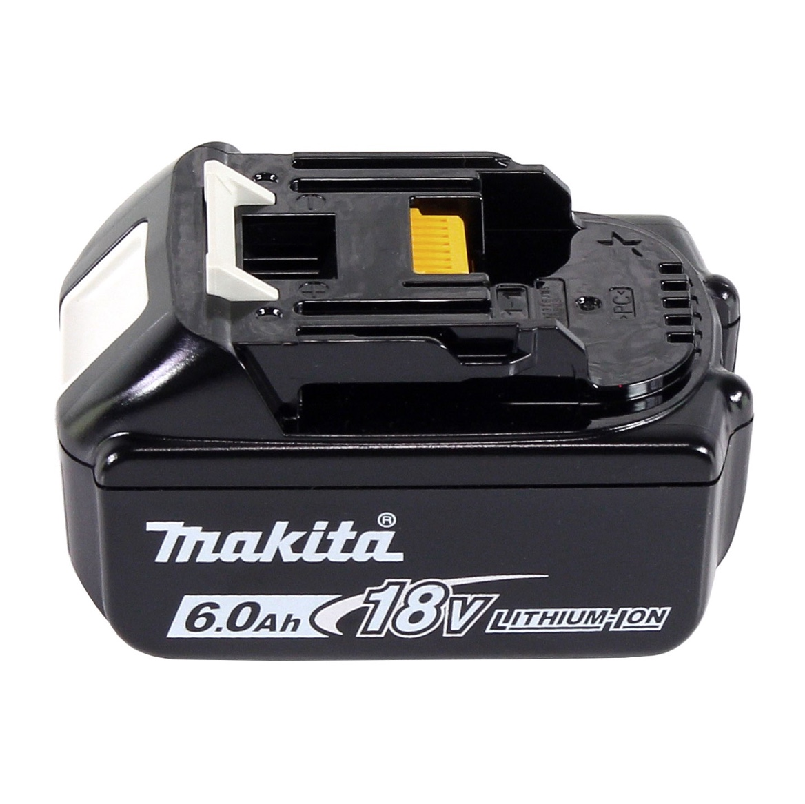 Ein schwarzer Makita 18V Lithium-Ionen-Akku. Er hat weiße und gelbe Akzente. Der Akku ist mit 6,0 Ah beschriftet.
