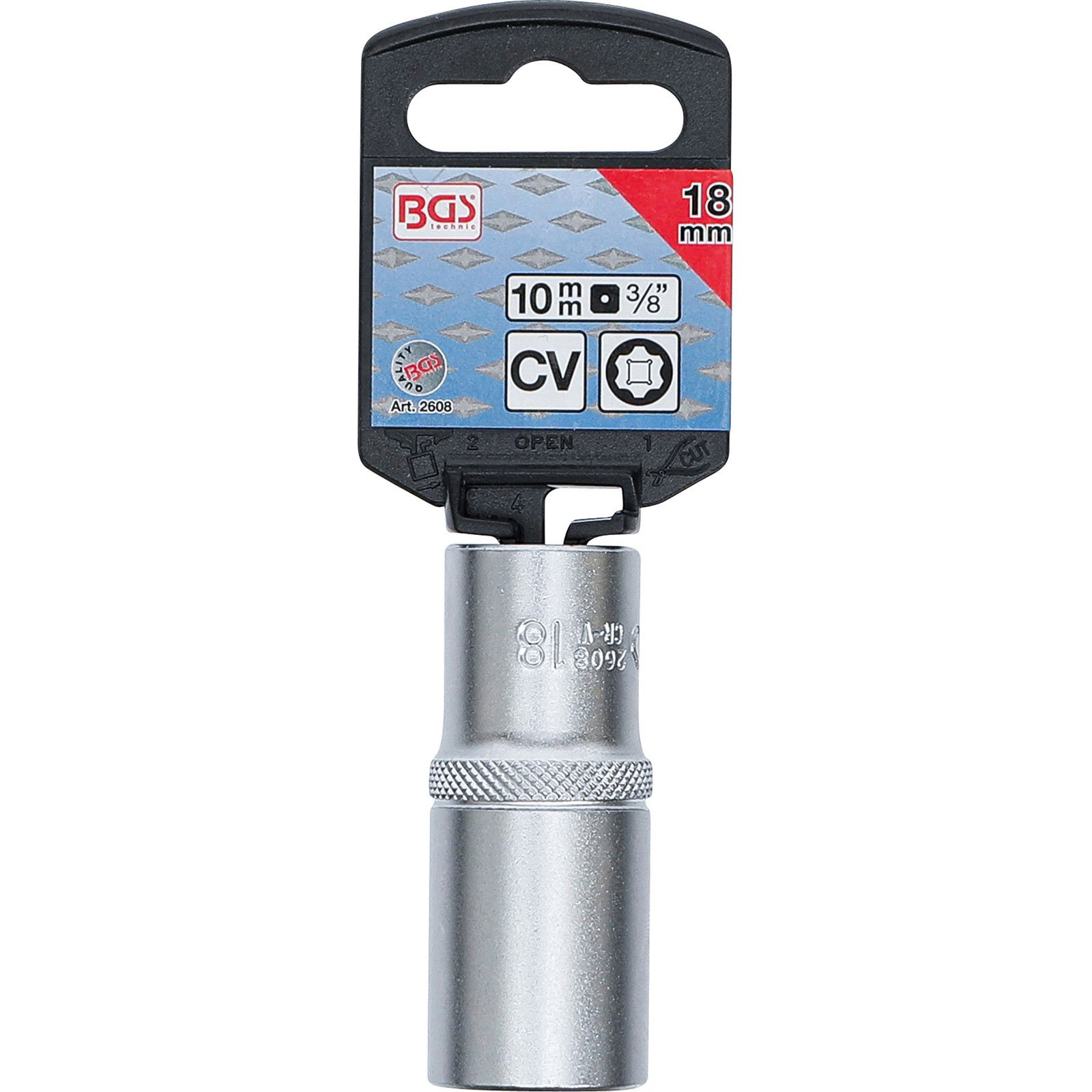 Una chiave a bussola in metallo con supporto in plastica nera, etichettata con misure e logo BGS technic.