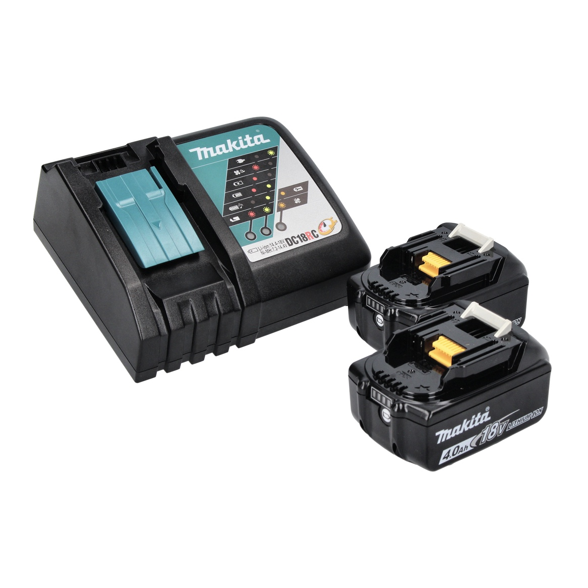 Makita-Ladegerät und zwei Batterien. Das Ladegerät ist schwarz mit einem tealfarbenen Ladeanschluss. Batterien sind schwarz, beschriftet 4.0Ah 18V.