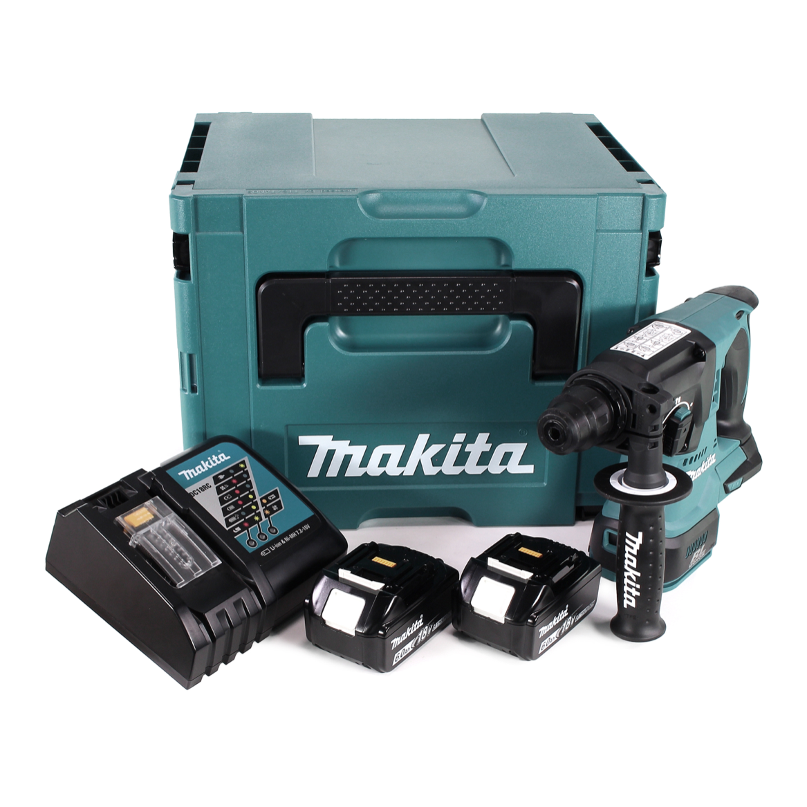 Ein Makita-Elektrowerkzeugset. Enthält eine türkisfarbene Box, einen Bohrer, ein Ladegerät und zwei Batterien. Alle Artikel auf weißem Untergrund.