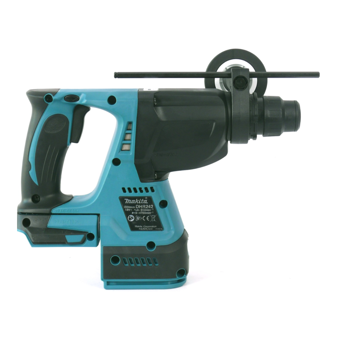 Ein teal-schwarzer Makita DHR242 Bohrhammer vor weißem Hintergrund. Er hat einen schwarzen Tiefenanschlag.