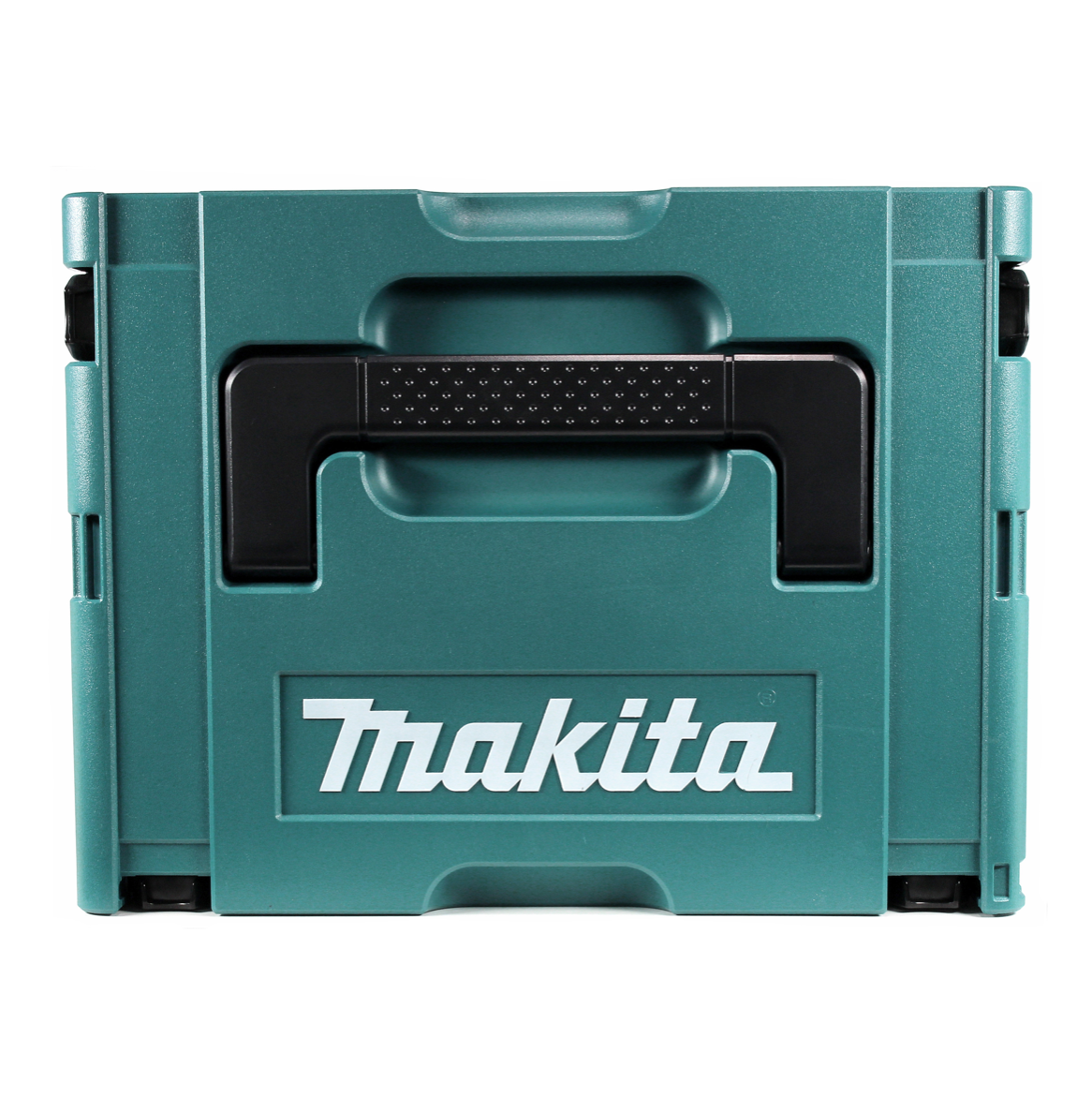 Eine teal Makita-Werkzeugkiste mit schwarzem Griff und dem Markennamen in weißen Buchstaben. Die Box ist geschlossen und einsatzbereit.
