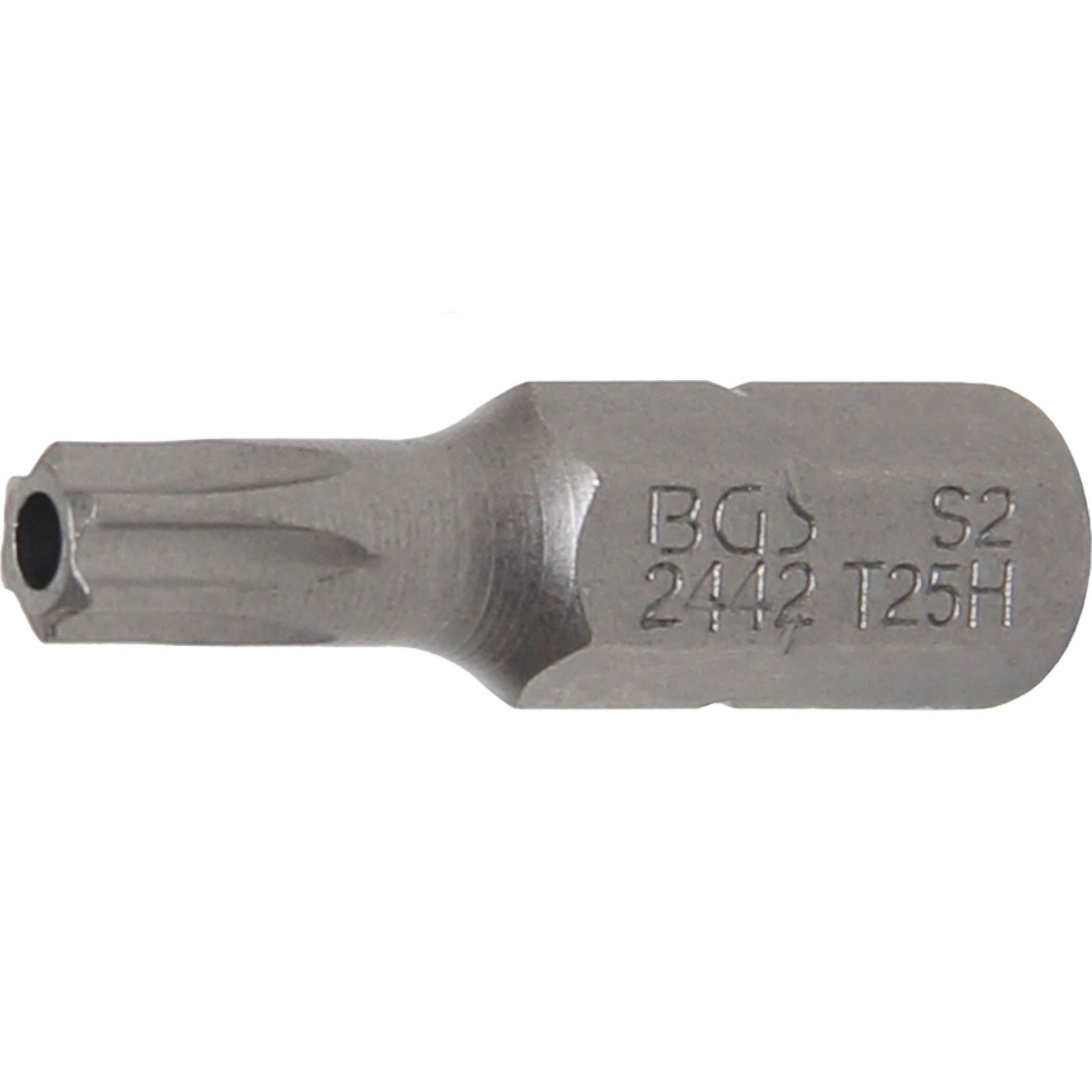 Una punta Torx in metallo grigio. Ha una punta a forma di stella con un foro al centro. Il testo recita BGS S2 2442 T25H.