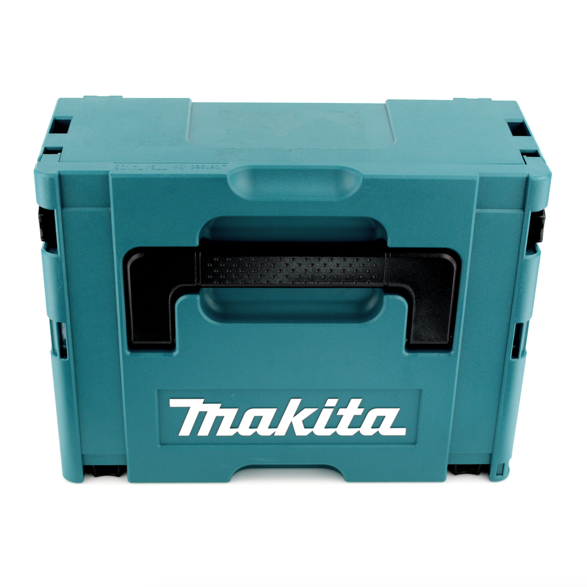 Eine tealfarbene Makita-Klappbox mit schwarzem Griff und dem Makita-Logo. Sie befindet sich auf weißem Hintergrund.