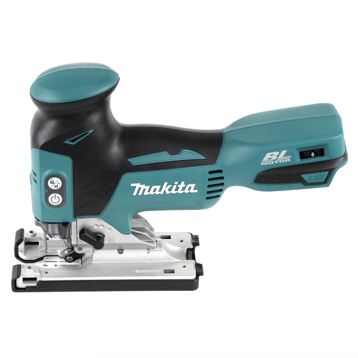 Eine teal-schwarze Makita Stichsäge. Sie hat einen Auslöser, eine Klinge und einen Einstellknopf. Der Hintergrund ist weiß.