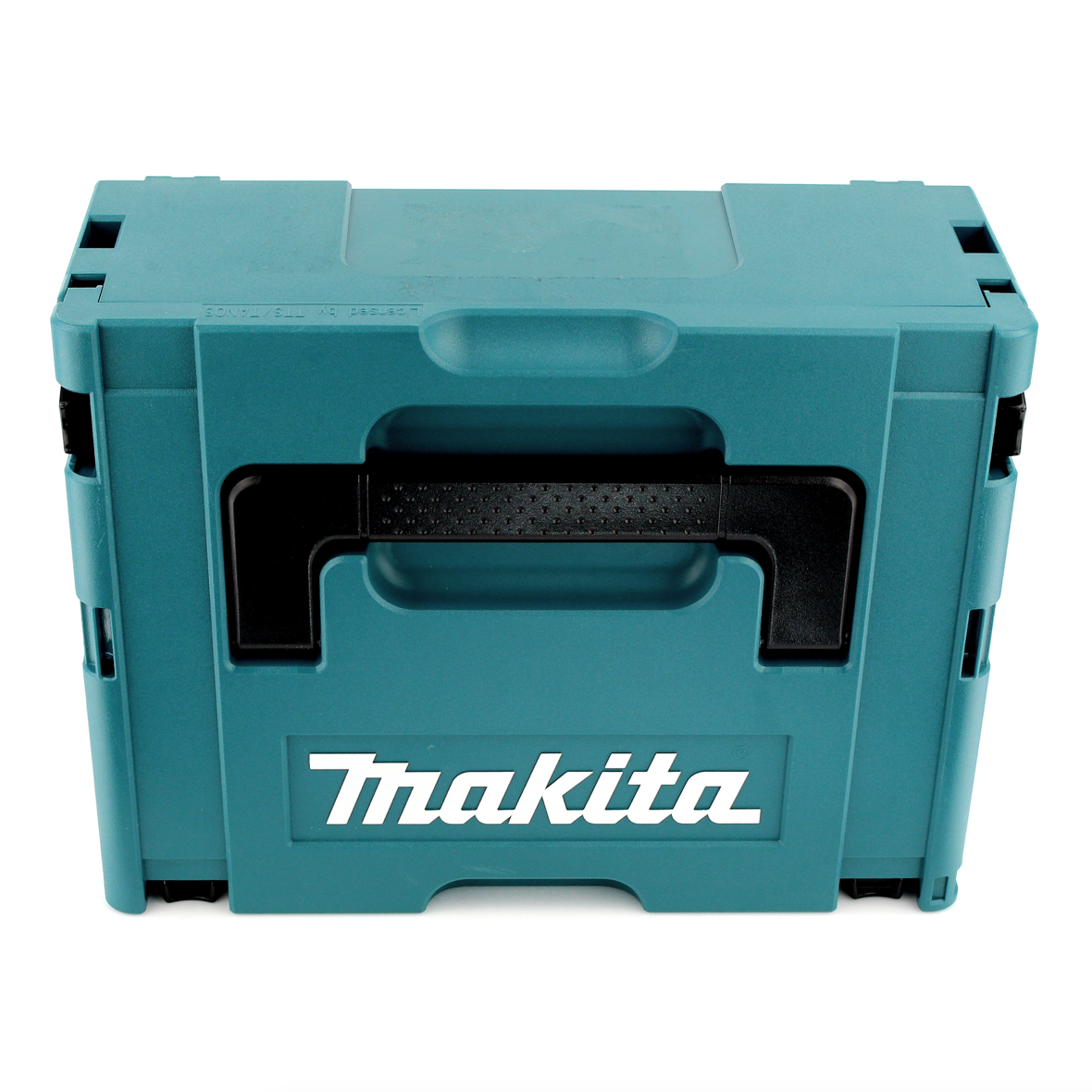 Eine türkisfarbene Makita-Werkzeugbox mit schwarzem Griff und weißem Makita-Logo. Sie ist geschlossen und auf weißem Hintergrund platziert.