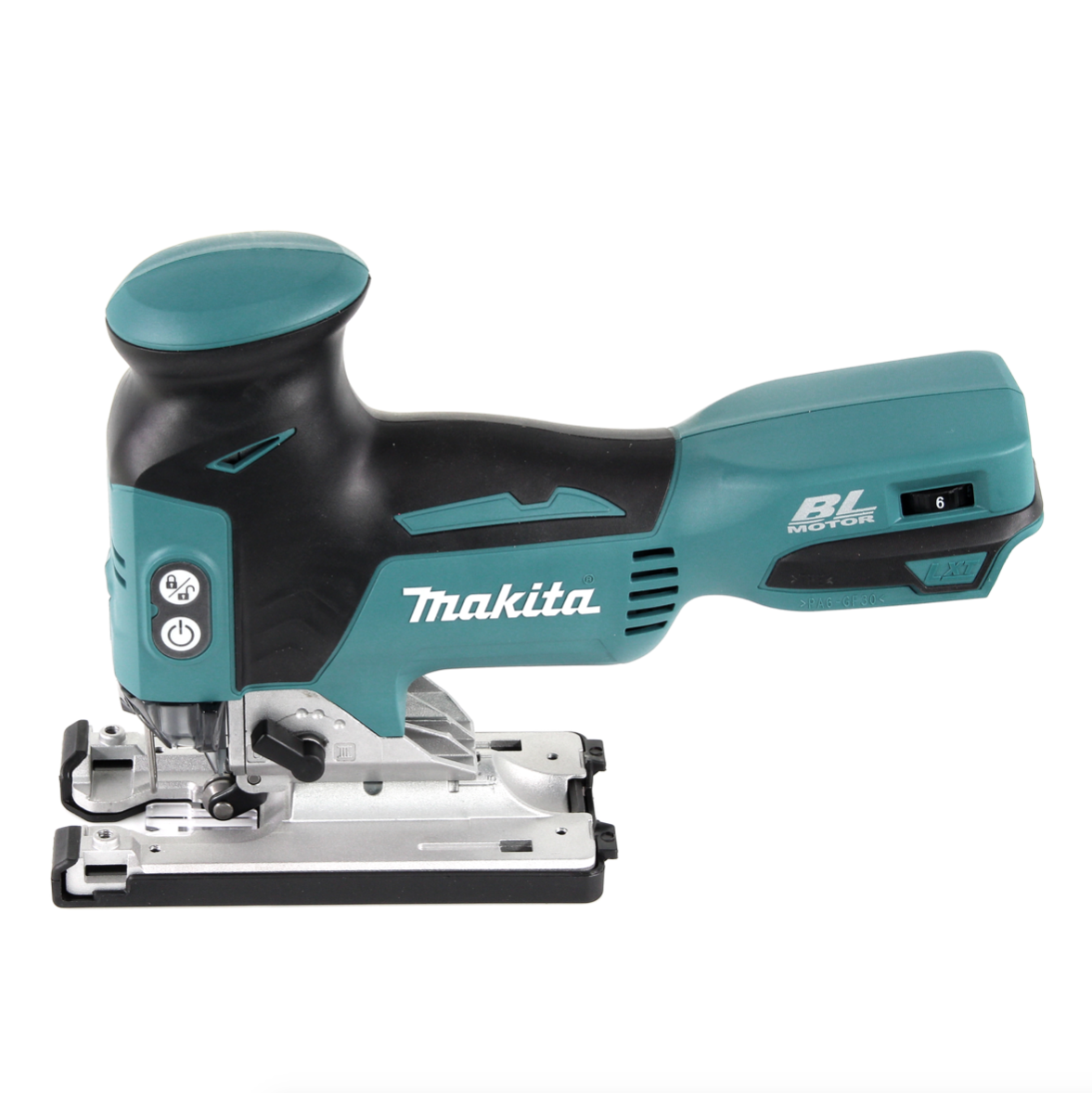 Eine teal-farbene und schwarze Makita Stichsäge auf weißem Hintergrund. Mit Makita-Logo und BL-Motor-Etikett.