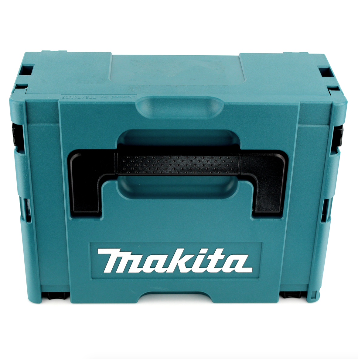 Eine türkisfarbene Makita-Werkzeugkiste. Sie hat einen schwarzen Griff und das Makita-Logo in Weiß. Die Box steht auf weißem Hintergrund.