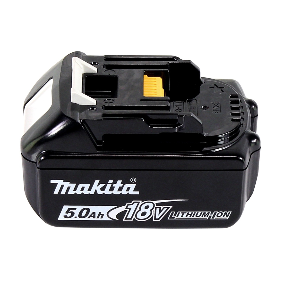 Schwarzer Makita 18V 5.0Ah Lithium-Ionen-Akku. Mit schwarzem Gehäuse, weißen und gelben Akzenten und dem Makita-Logo.