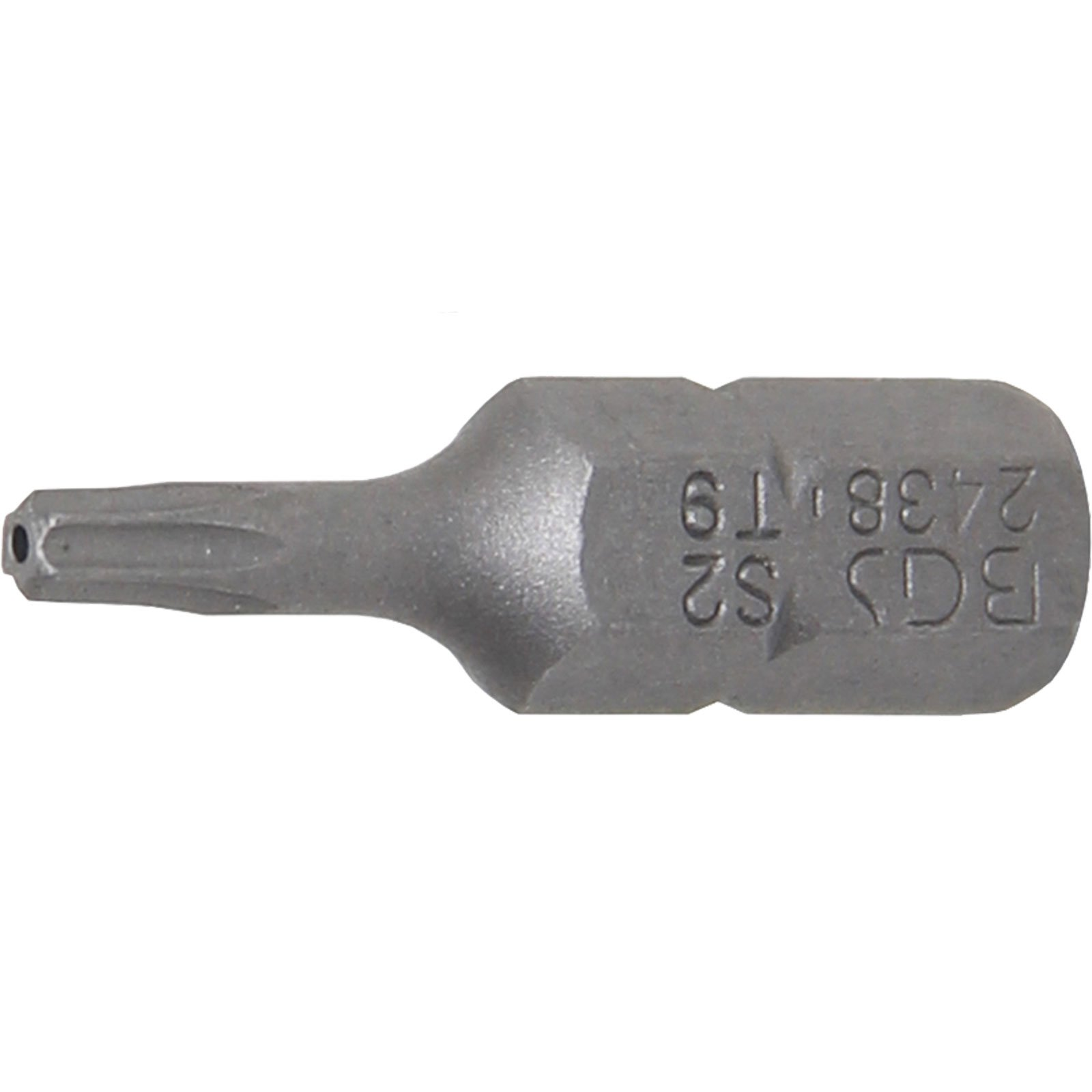 Una punta Torx in metallo grigio. Ha una punta a forma di stella e le scritte 'BGS S2 2438 T9'.