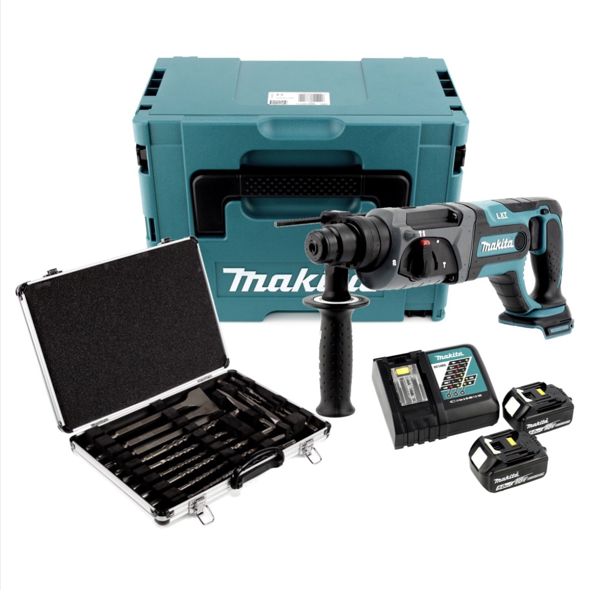 Makita-Werkzeugset. Enthält einen tealfarbenen Koffer, Bohrer, Bohrer, Ladegerät und Batterien. Alles auf weißem Hintergrund.