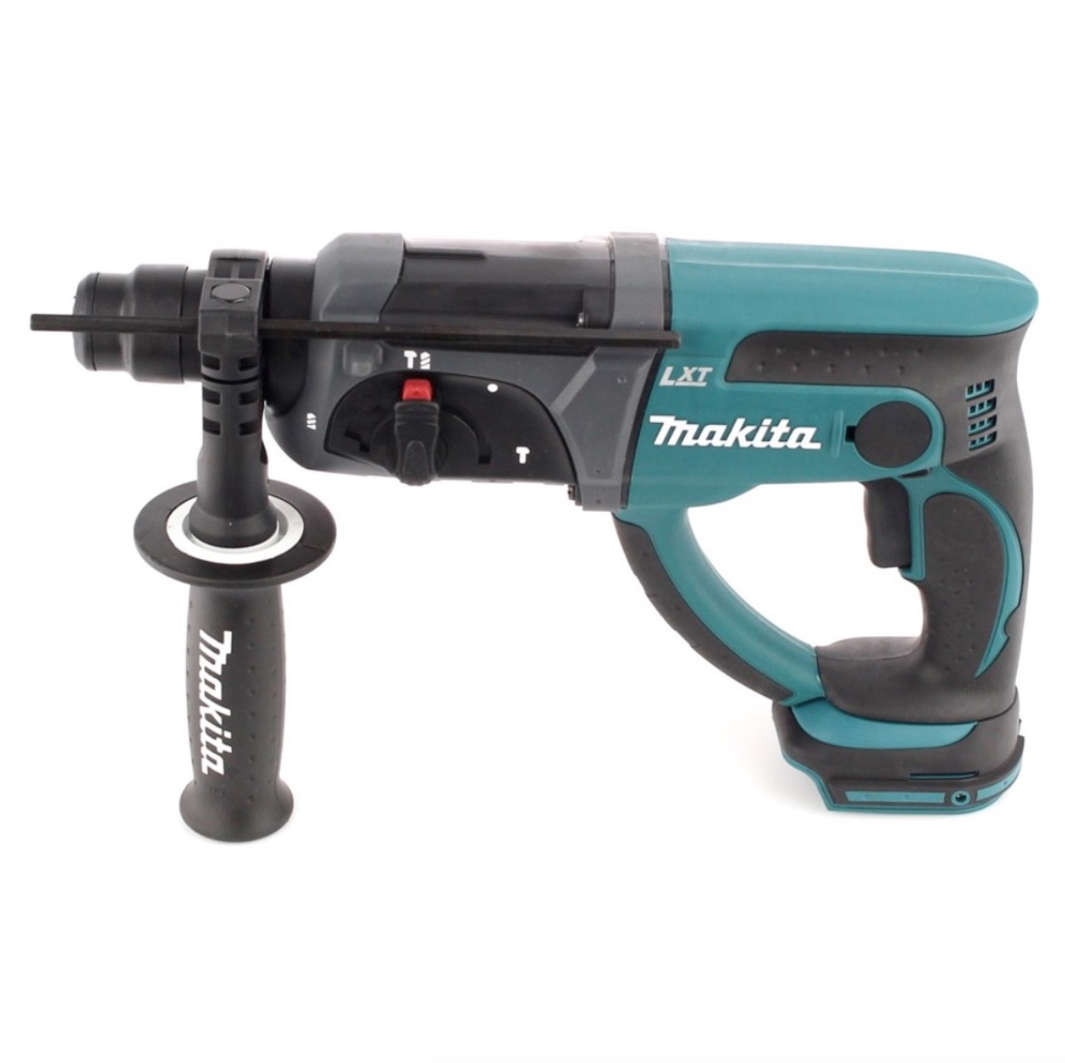 Ein teal- und schwarzer Makita LXT Bohrhammer. Er hat einen Seitengriff, einen Auslöser und einen Bohrer. Der Hintergrund ist weiß.