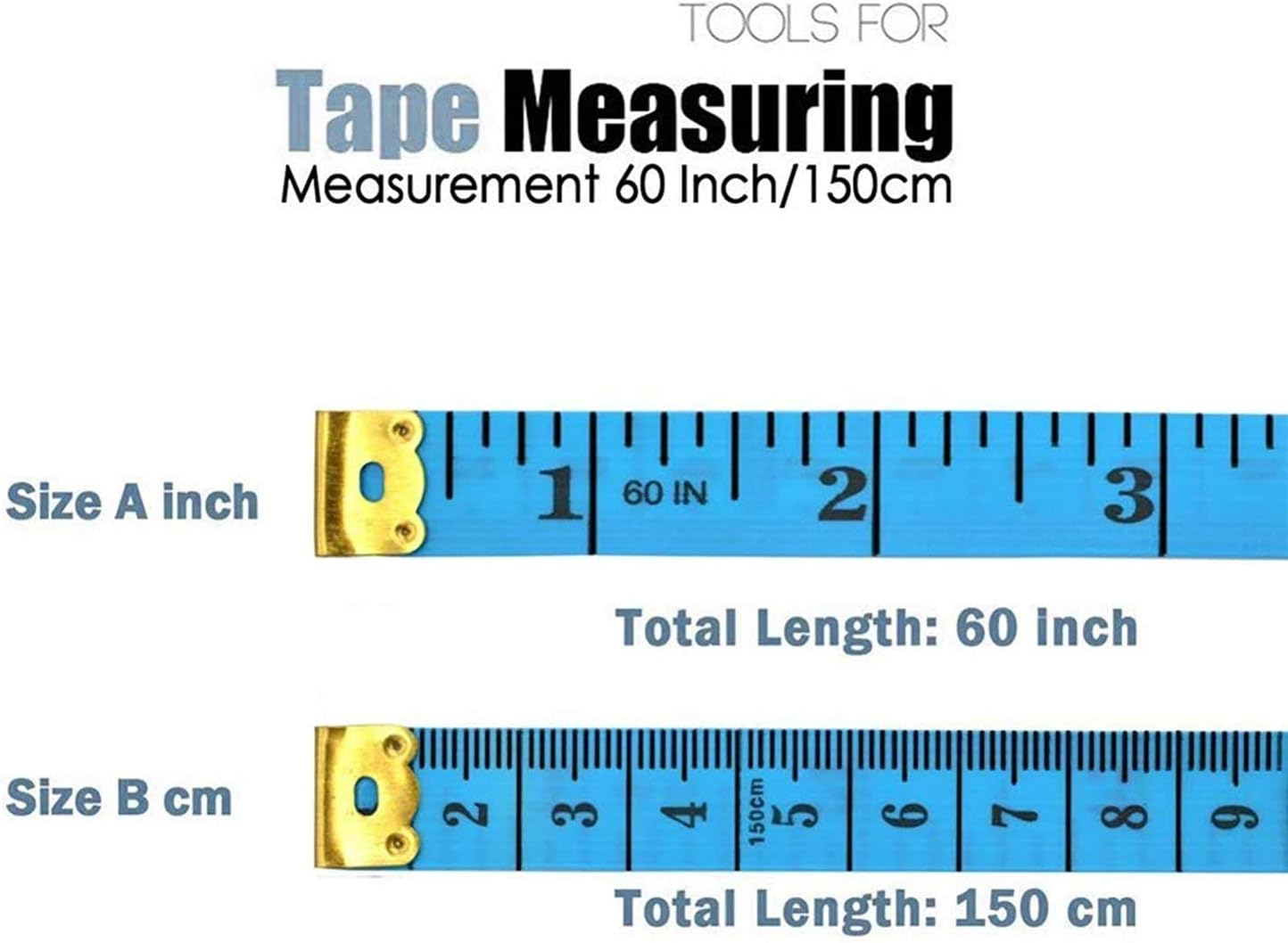 Das Bild zeigt ein blaues Maßband mit Zoll- und cm-Maßen. Text lautet: Maßband, Messung 60 Zoll/150 cm.