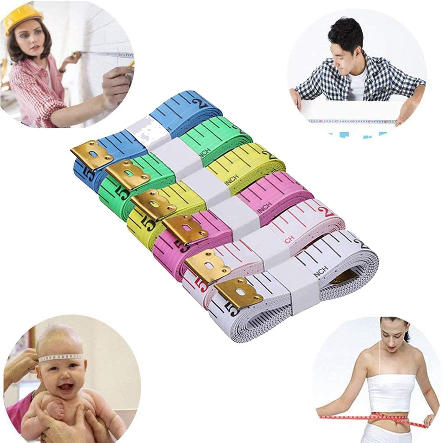 Das Bild zeigt verschiedene Personen, die Maßbänder verwenden. Dazu gehören Personen, die Kleidung, Babys und Bauarbeiten messen.