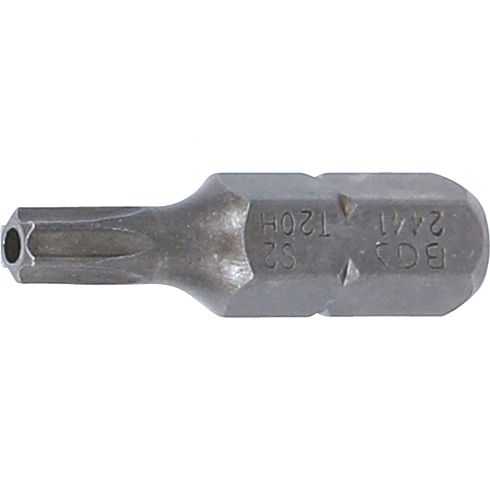 Una punta Torx argentata. La punta ha una testa a forma di stella e il corpo ha delle marcature tra cui BGS 2441 e S2 T20H.