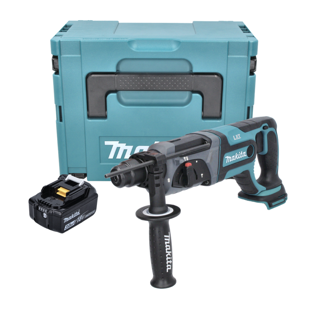 Makita-Bohrmaschine mit Koffer und Akku. Die Bohrmaschine ist blaugrün und schwarz. Der Koffer ist blaugrün. Akku ist schwarz und gold.