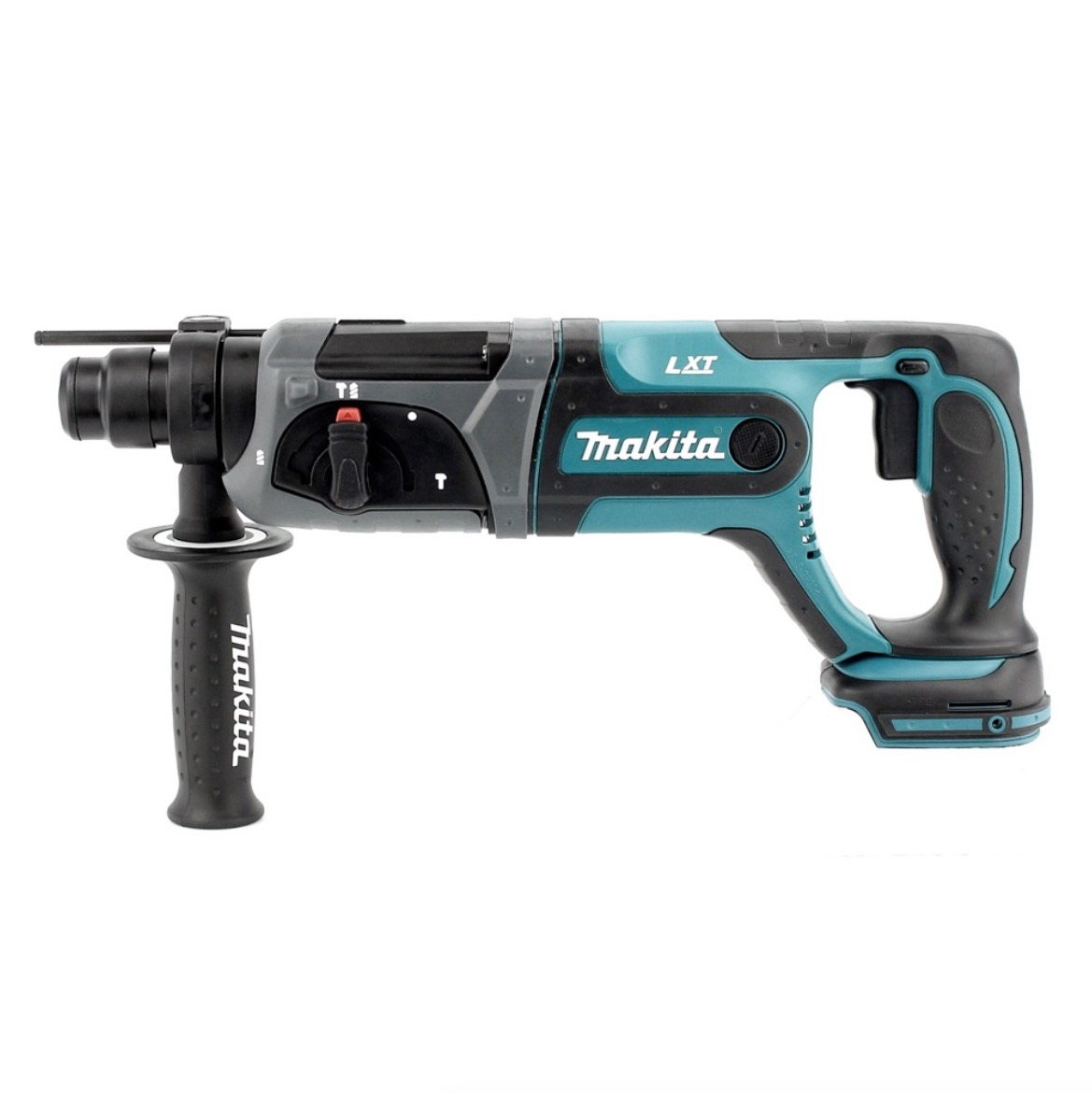Ein Makita LXT Bohrhammer, türkis und schwarz, auf weißem Hintergrund. Mit Griff und Bohrer, der sich nach vorne erstreckt.