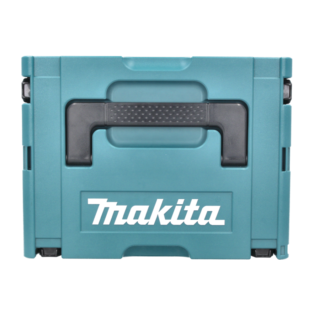 Eine türkisfarbene Makita-Werkzeugkiste mit schwarzem Griff und weißem Markennamen. Die Box ist geschlossen und steht auf weißem Hintergrund.
