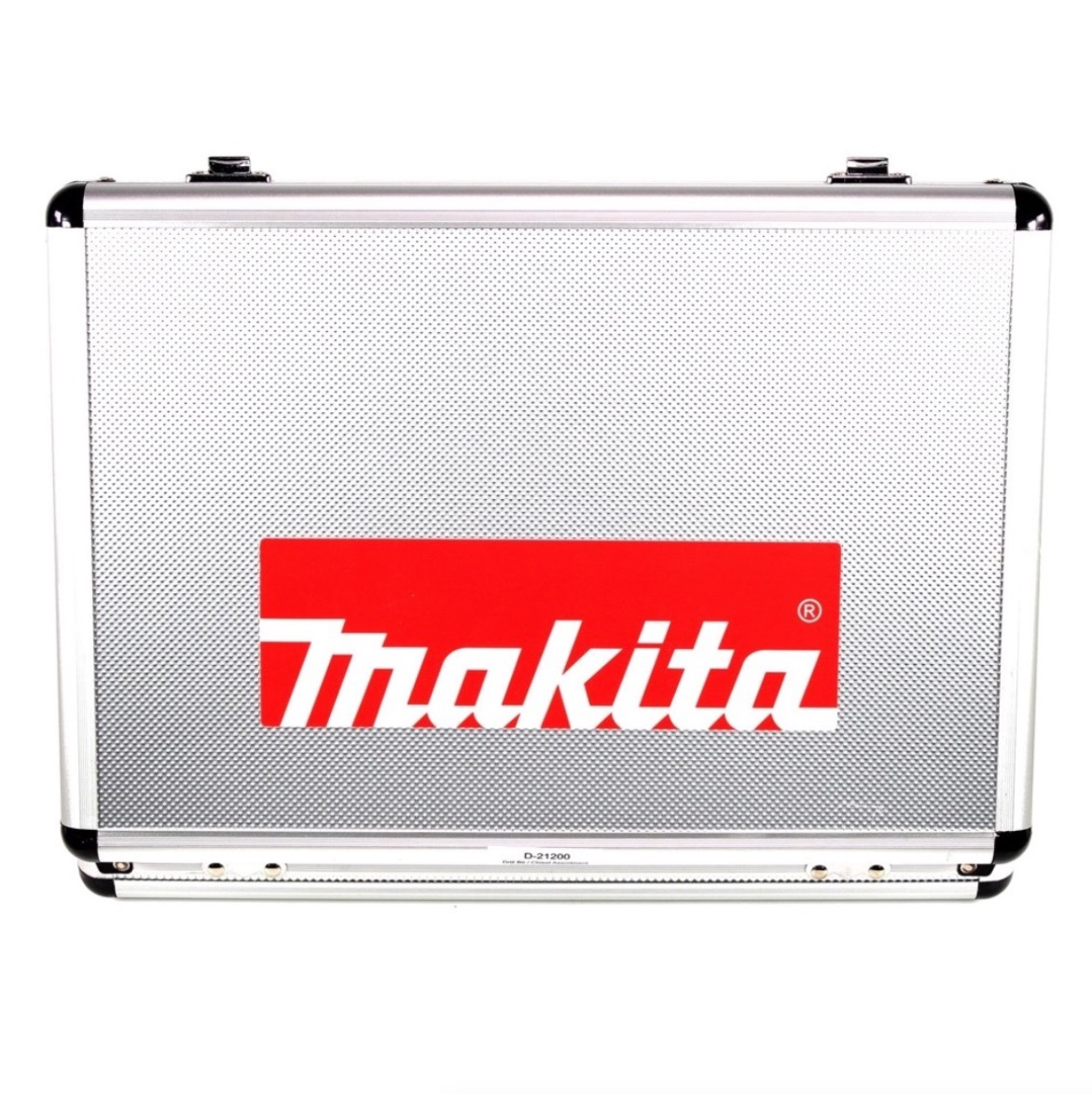 Ein silberner Makita-Werkzeugkasten mit einem rot-weißen Makita-Logo. Der Koffer ist geschlossen.