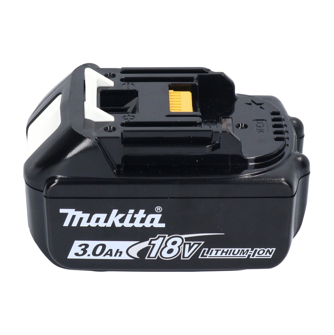 Ein schwarzer Makita 18V Lithium-Ionen-Akku. Er hat weiße Akzente und einen gelben Entriegelungsknopf. Der Markenname und die Spezifikationen sind sichtbar.