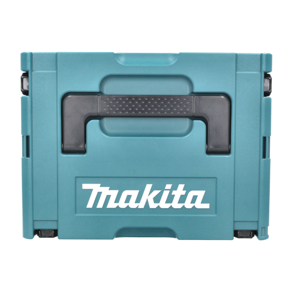 Eine türkisfarbene Makita-Werkzeugkiste mit schwarzem Griff und dem weißen Makita-Logo auf der Vorderseite. Die Kiste ist rechteckig.