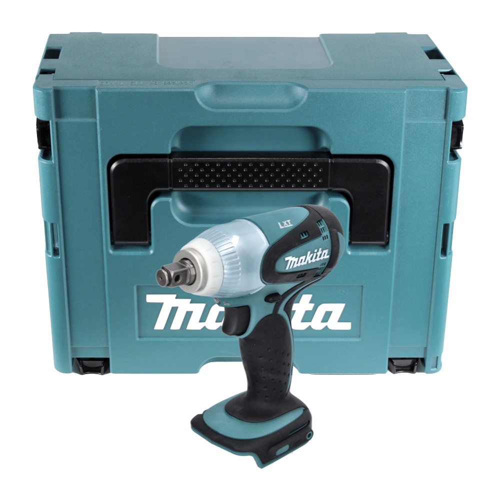 Makita-Schlagschrauber vor einer tealfarbenen Aufbewahrungsbox. Der Schrauber ist schwarz, teal und silber.