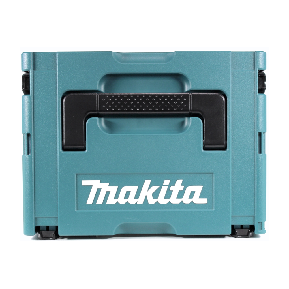 Eine türkisfarbene Makita-Werkzeugkiste. Sie hat einen schwarzen Griff und das Makita-Logo in Weiß. Auf weißem Hintergrund.