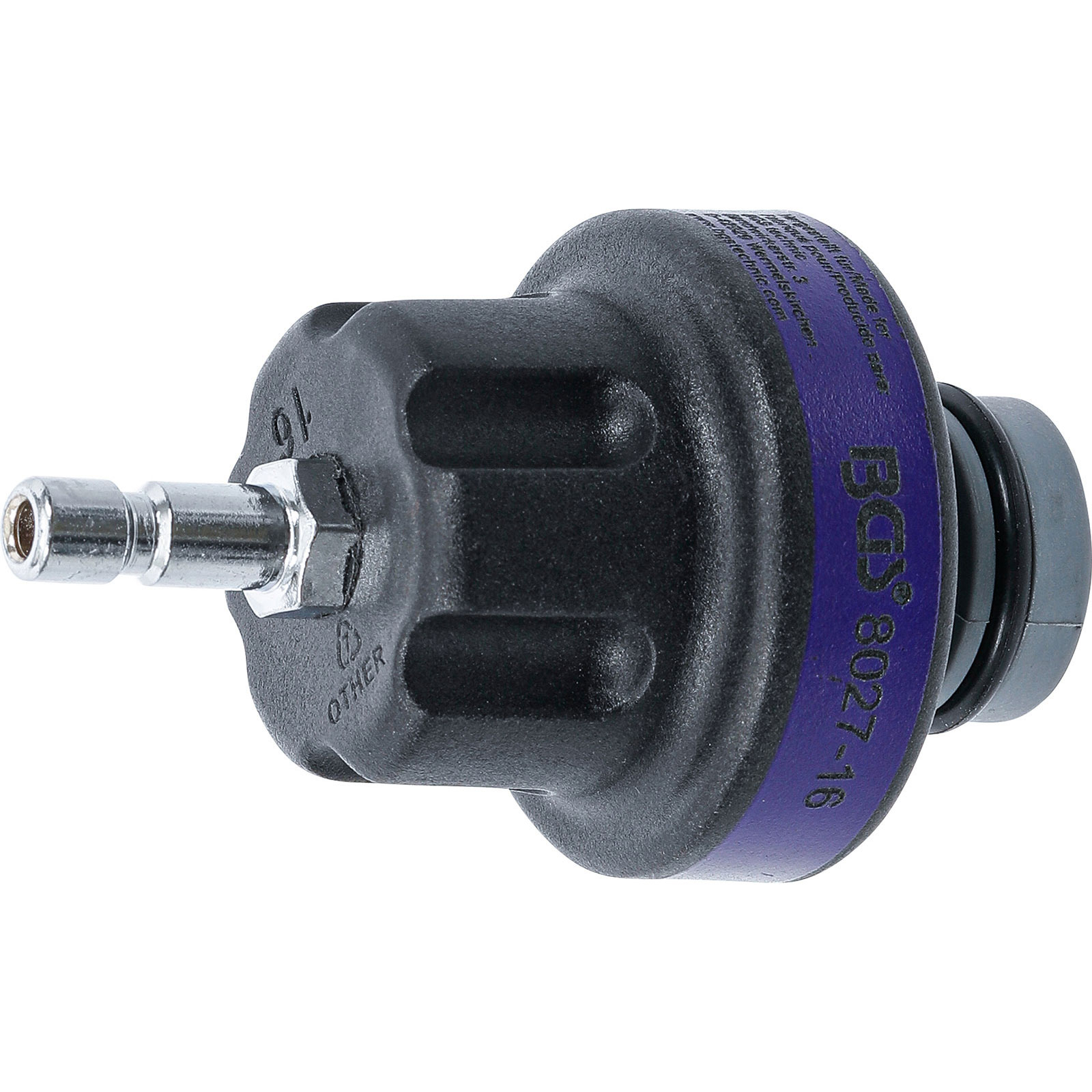 Ein schwarzes Autowerkzeug mit silberner Düse und einem lilafarbenen Band mit Text. Der Hintergrund ist weiß.