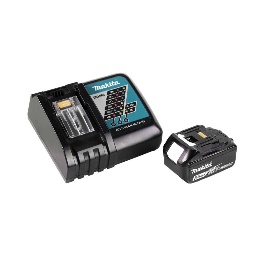 Ein schwarzes Makita-Batterieladegerät und ein Akku auf weißem Hintergrund. Das Ladegerät hat ein Display und der Akku ist separat.