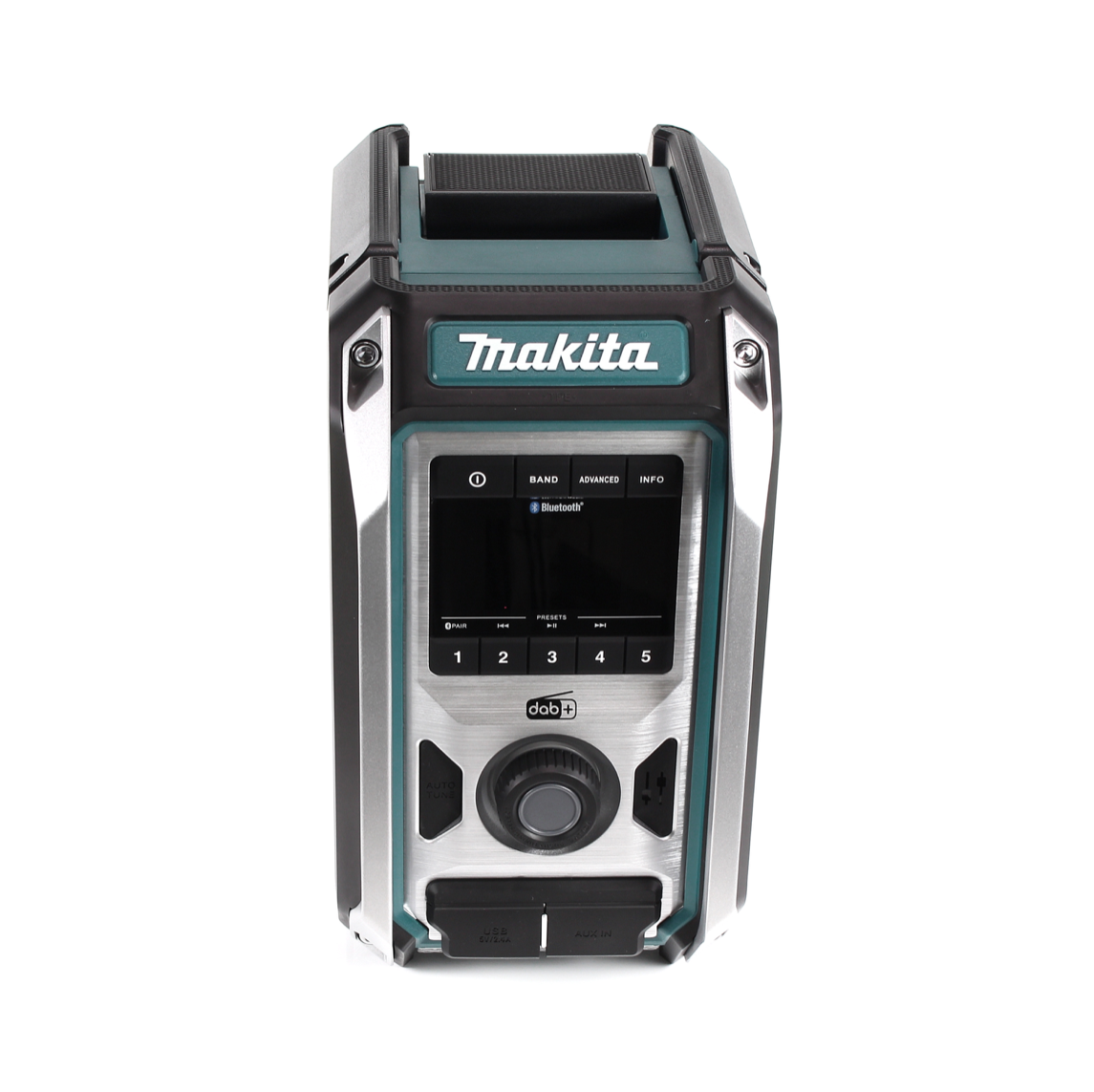 Makita-Radio. Silber, Schwarz und Blaugrün. Hat einen Bildschirm, Knöpfe und einen Knopf. Verfügt über Bluetooth und DAB+. USB- und AUX-Eingänge sind sichtbar.
