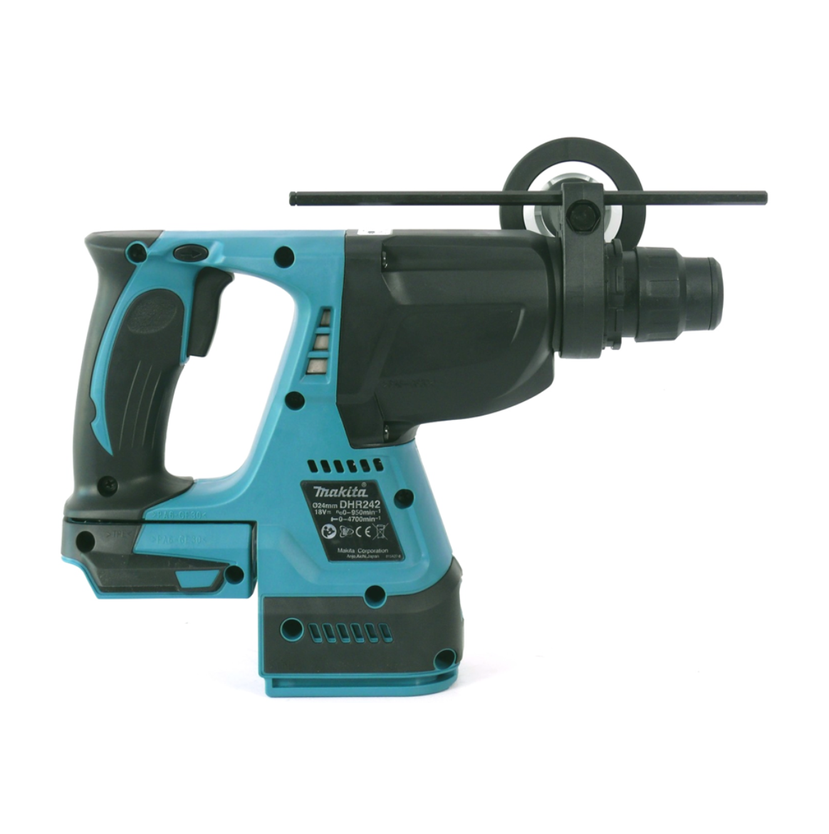 Ein kabelloser Makita DHR242 Bohrhammer. Er ist teal und schwarz mit einem schwarzen Griff und einer Bohrtiefenführung.
