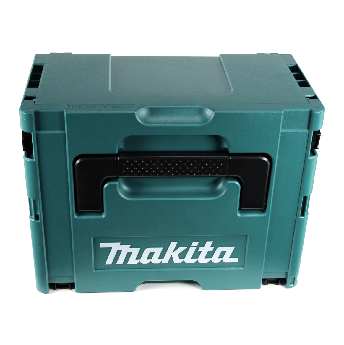 Eine tealfarbene Makita-Werkzeugkiste mit schwarzem Griff und dem weißen Makita-Logo auf der Vorderseite. Der Hintergrund ist weiß.