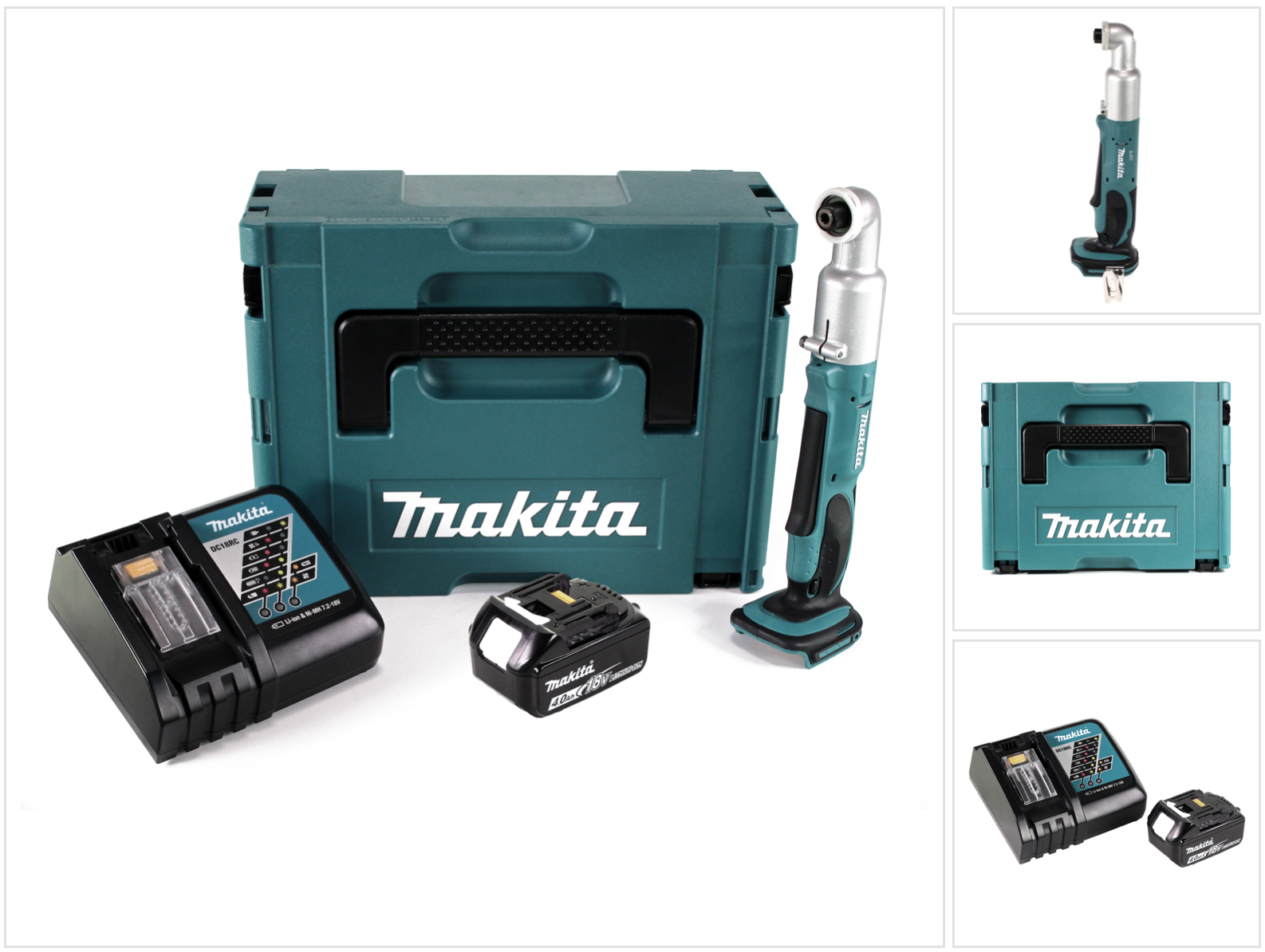 Ein teal Makita Werkzeugset. Enthält ein Ladegerät, einen Akku, einen rechtwinkligen Schlagschrauber und eine teal Aufbewahrungsbox.