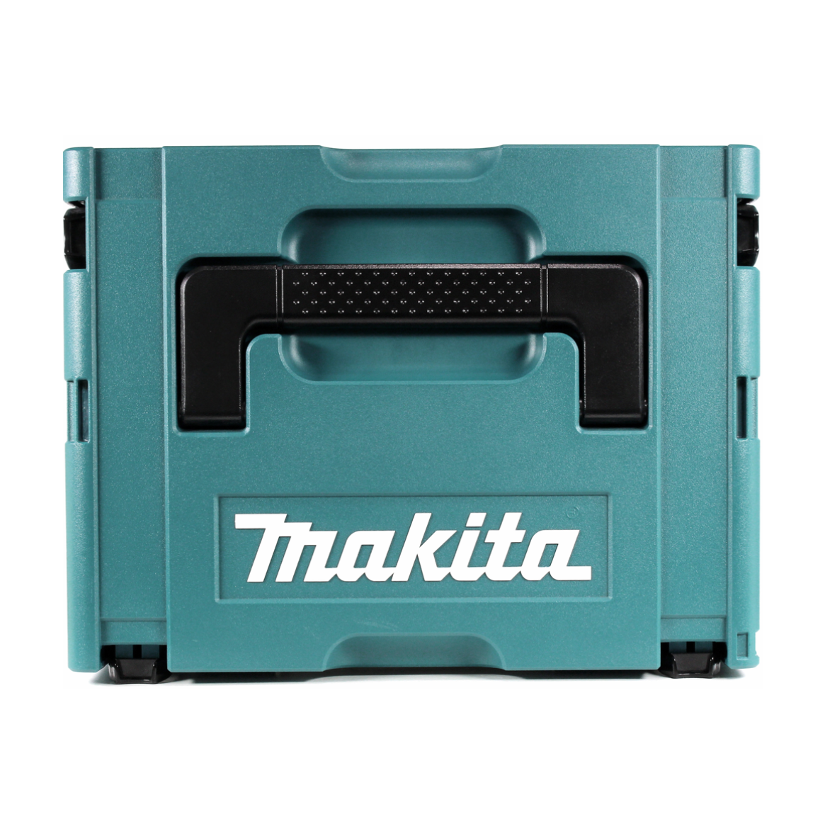 Eine tealfarbene Makita-Klappbox. Sie hat einen schwarzen Griff und den Markennamen in weißen Buchstaben.