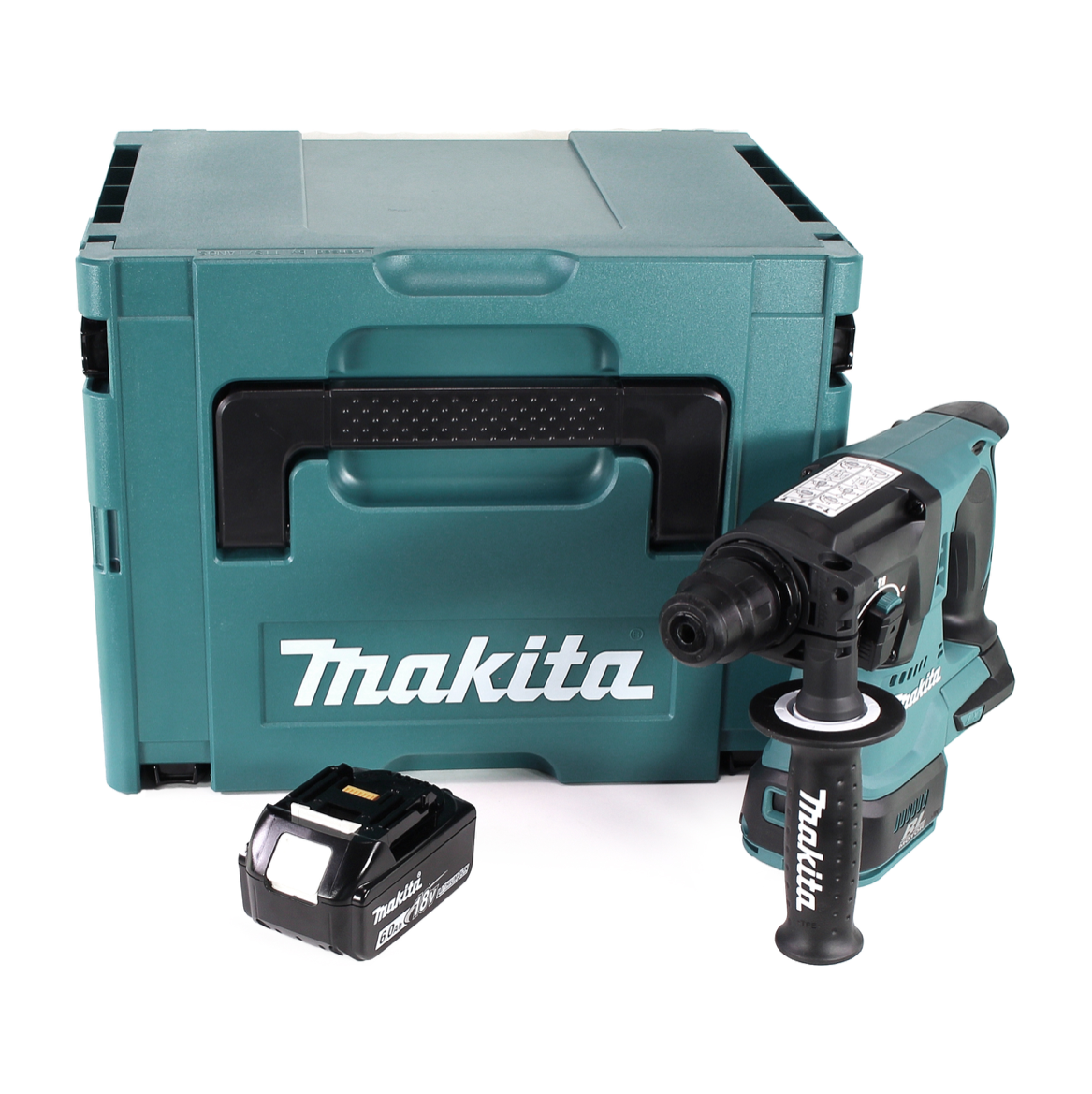 Ein Makita-Bohrmaschinen-Set auf weißem Hintergrund. Es umfasst einen tealfarbenen Koffer, Bohrer und einen Akku. Der Markenname ist sichtbar.