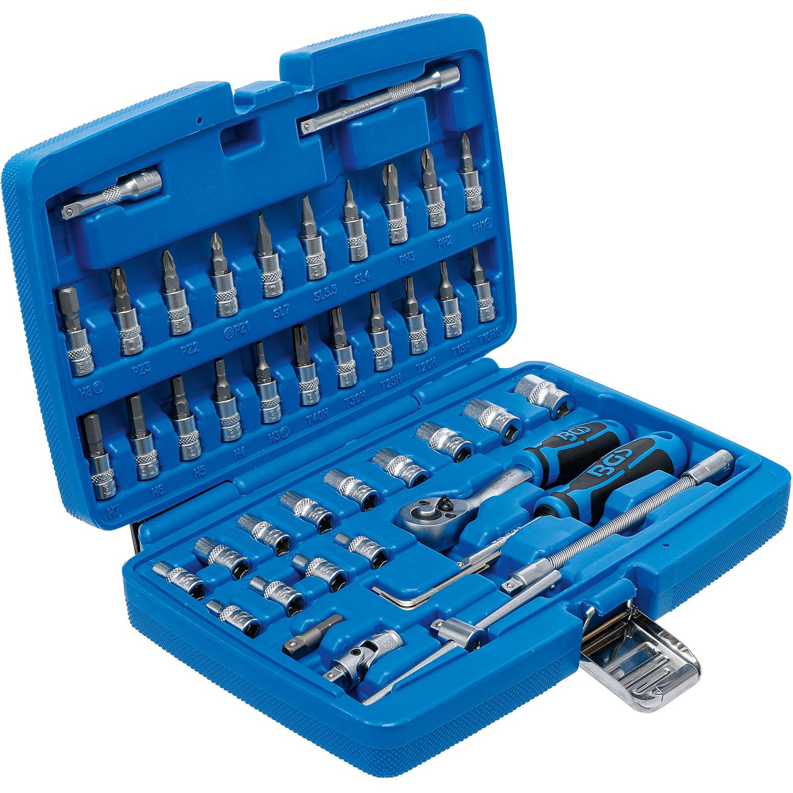 Una cassetta degli attrezzi blu con vari strumenti, tra cui bussole, cricchetti, cacciaviti e inserti.