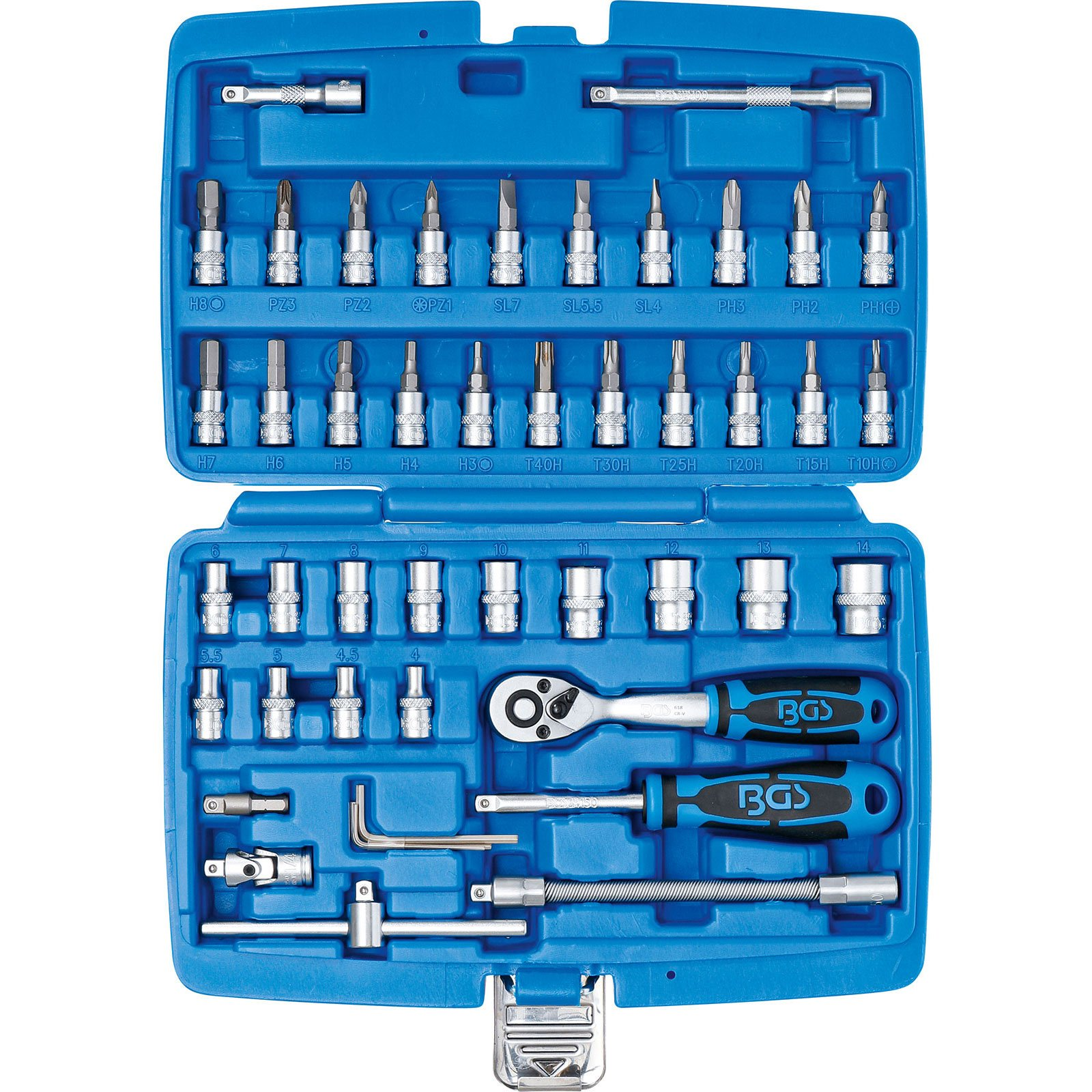 Una cassetta degli attrezzi blu contiene vari strumenti: inserti, bussole, cricchetti ed estensioni. Gli strumenti sono argentati e neri.