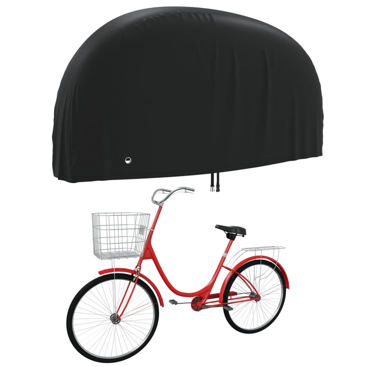 Ein rotes Fahrrad mit Korb steht unter einer schwarzen Abdeckung. Das Fahrrad hat silberne Lenker und Räder. Die Abdeckung ist gewölbt.