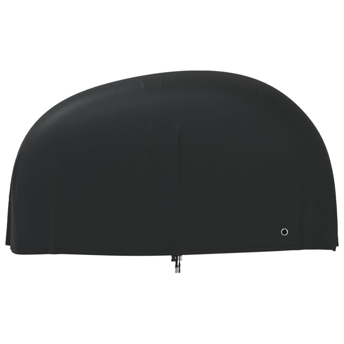 Eine schwarze, bogenförmige Abdeckung mit einem kleinen Metallöse und einem Reißverschluss am Boden. Es scheint eine Schutzhülle zu sein.