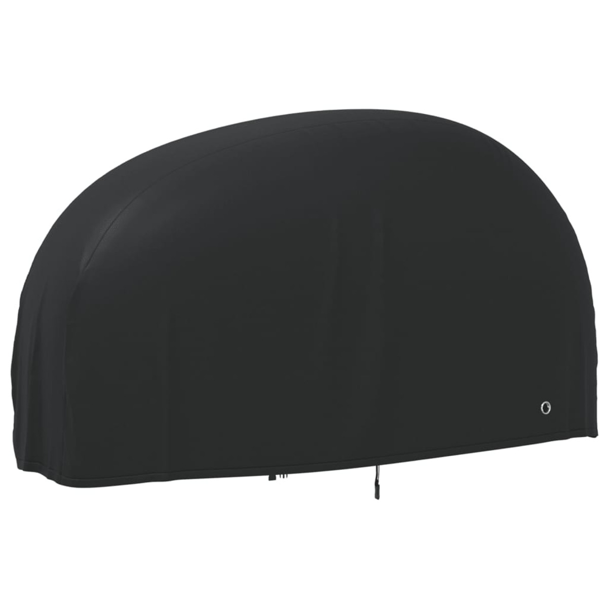 Eine schwarze, halbkreisförmige Abdeckung, möglicherweise für Gartenmöbel, mit Kordelzug und kleinem Ösendetail. Die Abdeckung ist glatt und fest.